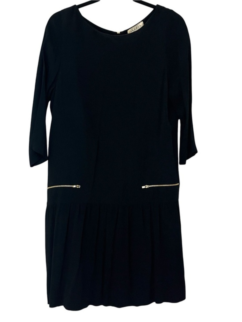 Sandro Paris Black Drop Waist Dress 2 FR38 US6 Gold Zip Pleated 3/4 Sleeve Mini